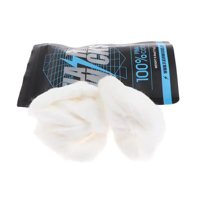 Ball of white cotton with a black and blue packaging label on a white background