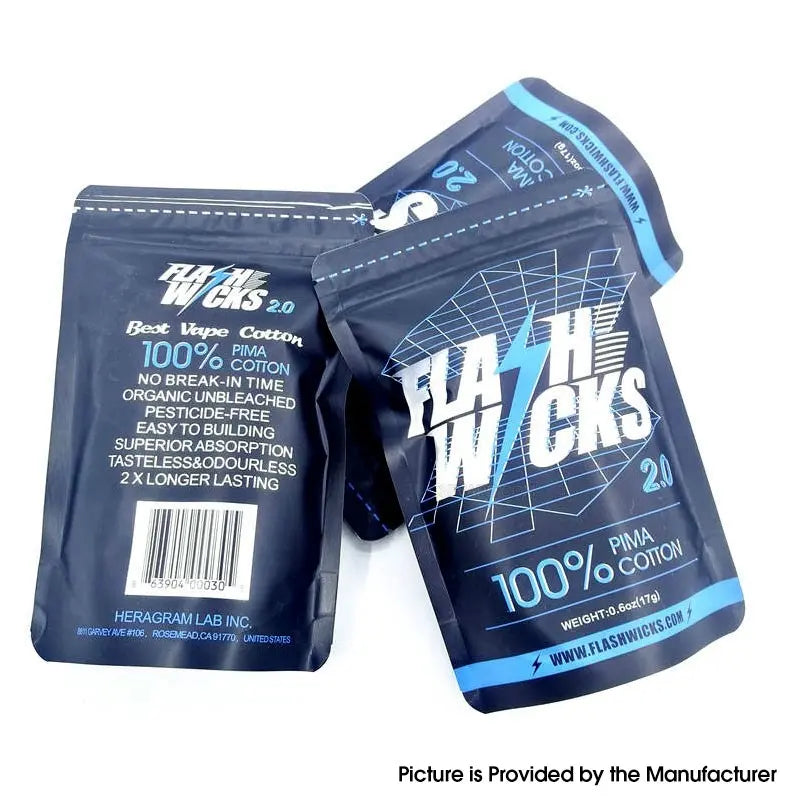 Two packages of FlashWicks 2.0 vape cotton on a white background