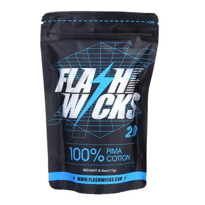 Black packaging of FlashWicks 2.0 100% Pima Cotton with blue accents on a white background