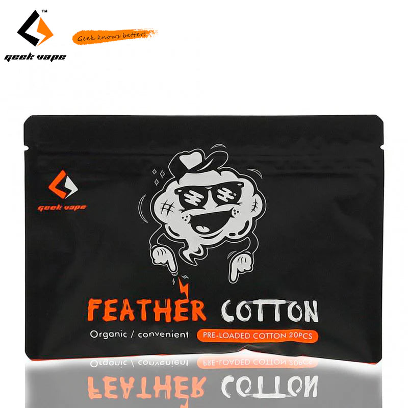 A black stand-up pouch of GeekVape Feather Cotton pre-loaded cotton 20pcs, featuring a cartoon character wearing a hat and sunglasses, with orange and white text on a white background.