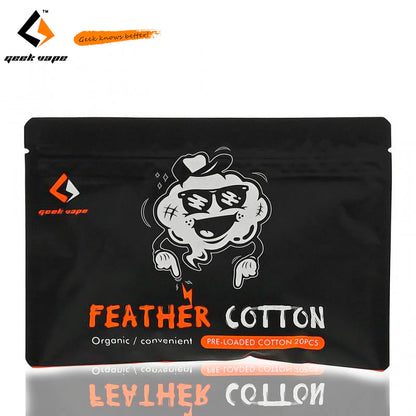 A black stand-up pouch of GeekVape Feather Cotton pre-loaded cotton 20pcs, featuring a cartoon character wearing a hat and sunglasses, with orange and white text on a white background.