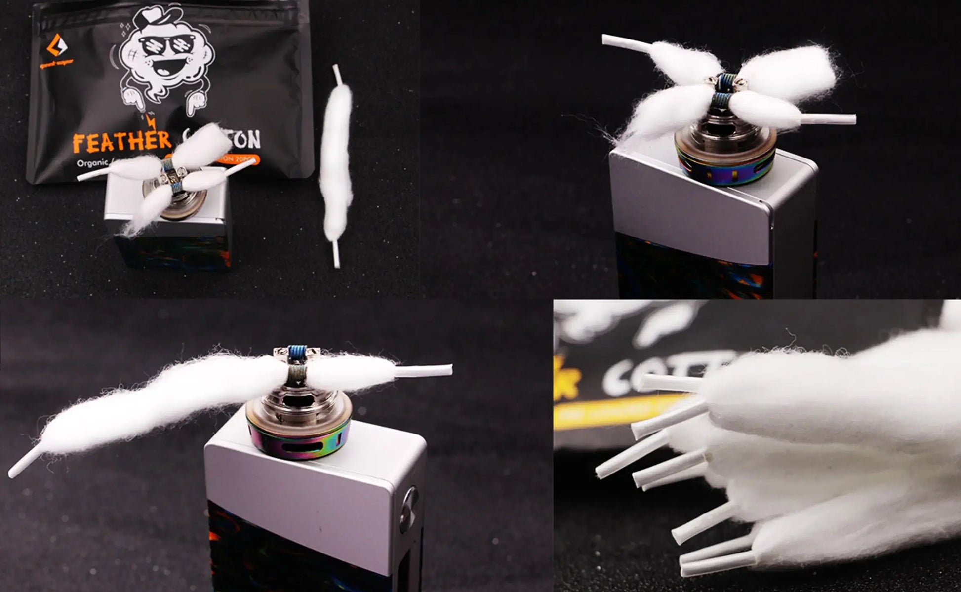 A collage showing a white feather cotton tip attached to a vape device from multiple angles, with a black branded pouch in the top left and a close-up of the cotton strands in the bottom right.