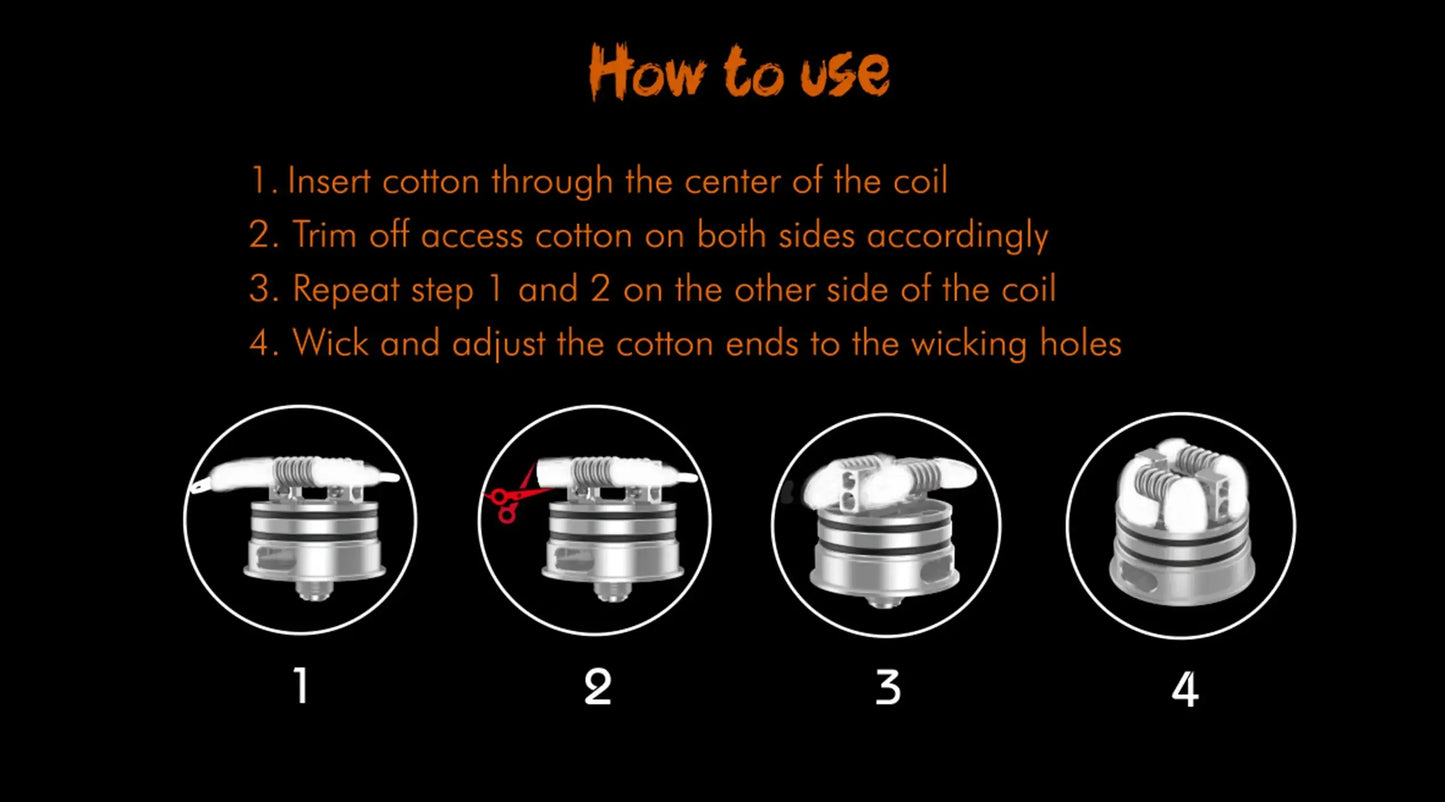 Instruction diagram showing how to use a vape coil, with four numbered stages on a black background and orange text reading 'How to use'.