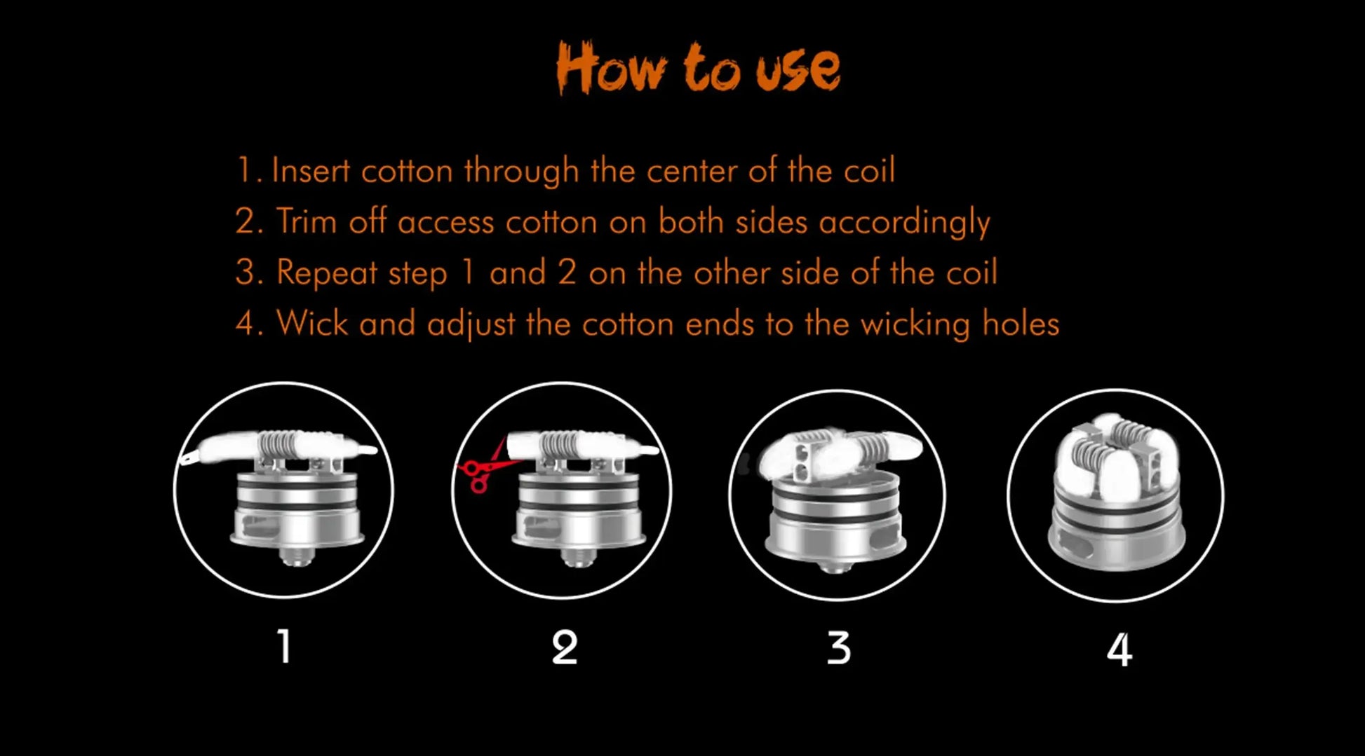 Instruction diagram showing how to use a vape coil, with four numbered stages on a black background and orange text reading 'How to use'.