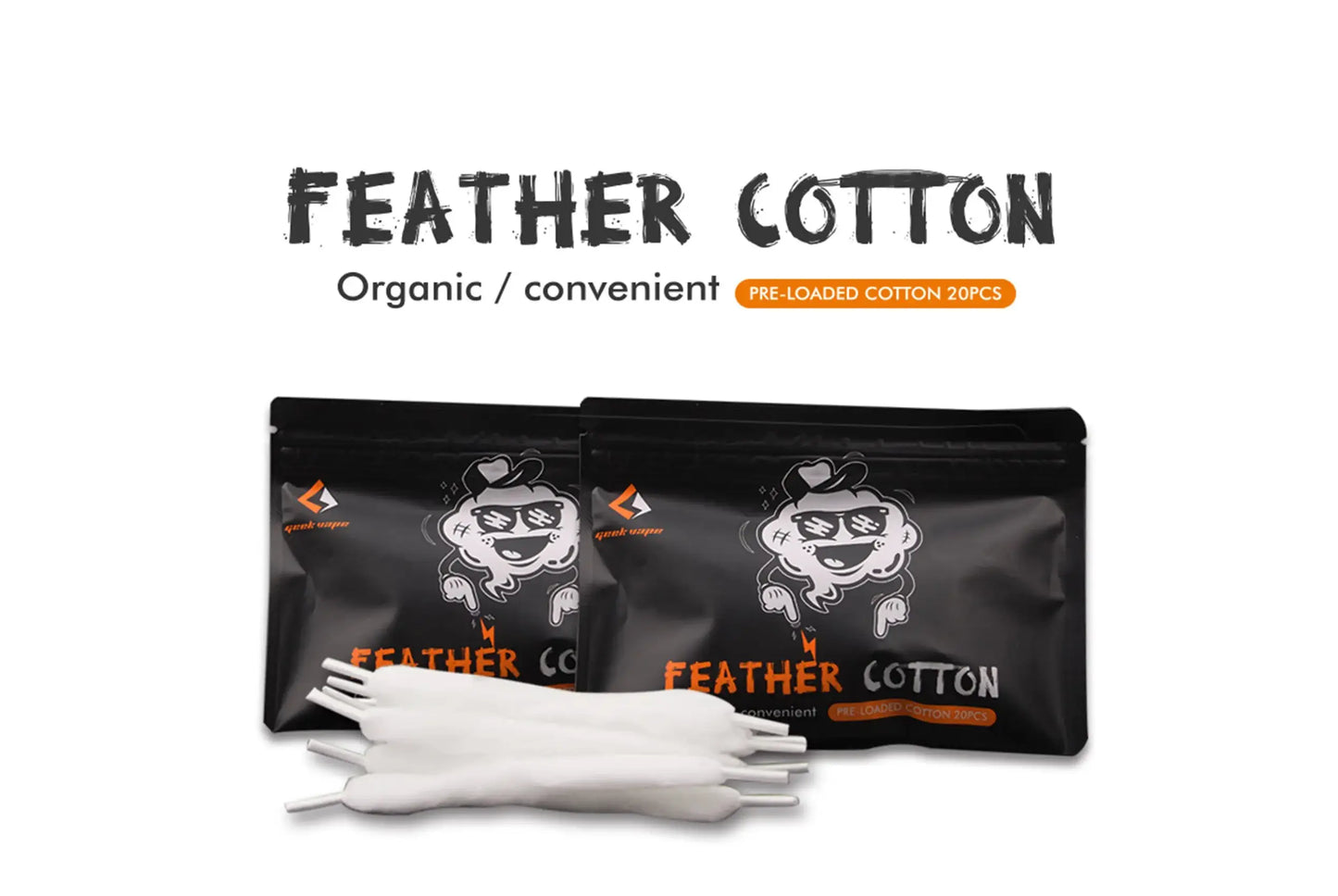 Two black resealable pouches labelled 'GEEKVAPE FEATHER COTTON' with a white feather cotton plug shown in front, on a white background with the text 'FEATHER COTTON Organic / convenient' above.