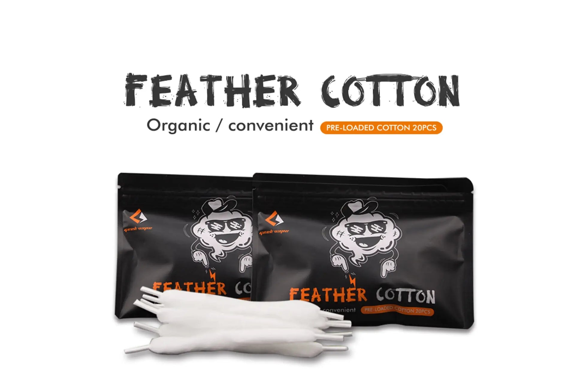 Two black resealable pouches labelled 'GEEKVAPE FEATHER COTTON' with a white feather cotton plug shown in front, on a white background with the text 'FEATHER COTTON Organic / convenient' above.