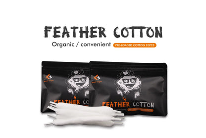 Two black resealable pouches labelled 'GEEKVAPE FEATHER COTTON' with a white feather cotton plug shown in front, on a white background with the text 'FEATHER COTTON Organic / convenient' above.