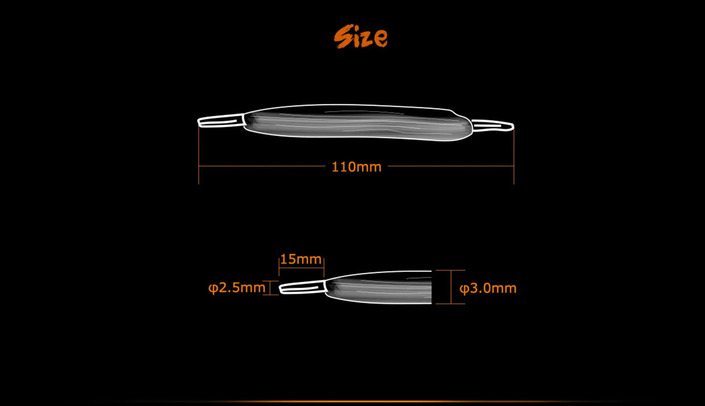 Size diagram of agletted organic cotton on a black background, showing top and side views with dimensions labelled 110mm, 15mm, Φ2.5mm, and Φ3.