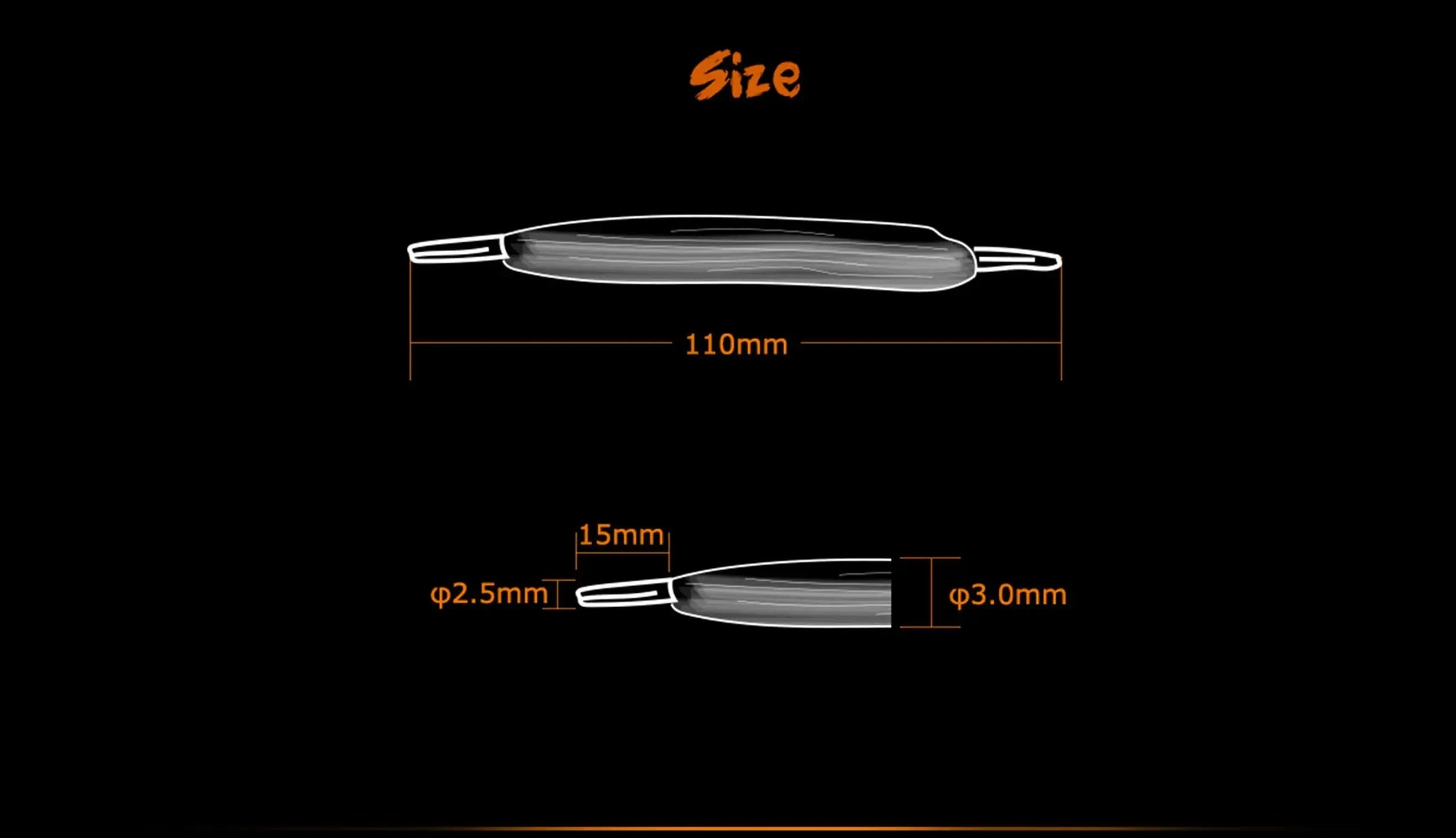 Size diagram of agletted organic cotton on a black background, showing top and side views with dimensions labelled 110mm, 15mm, Φ2.5mm, and Φ3.
