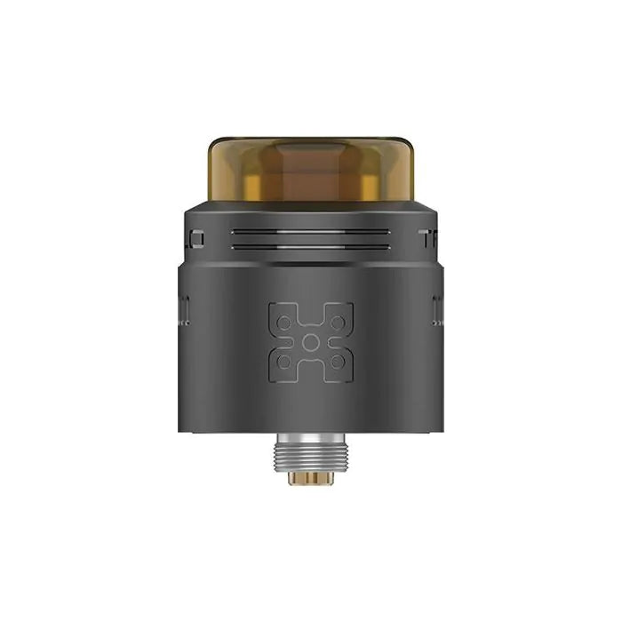 A dark gray metallic vape device with a translucent amber top and a threaded metal bottom connector, shown against a plain white background.