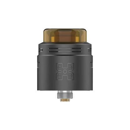 A dark gray metallic vape device with a translucent amber top and a threaded metal bottom connector, shown against a plain white background.