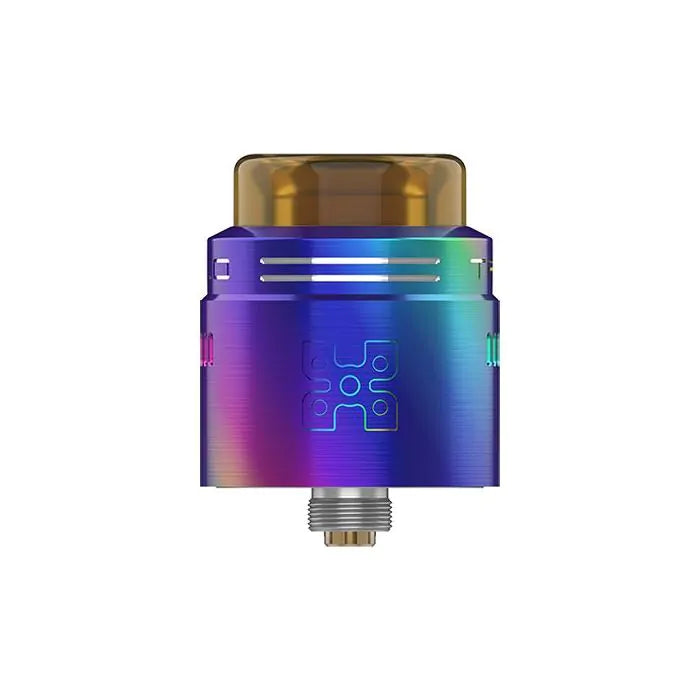 A metallic vape tank with an iridescent rainbow finish, featuring a gold-colored mouthpiece and a threaded connection at the bottom, set against a plain white background.