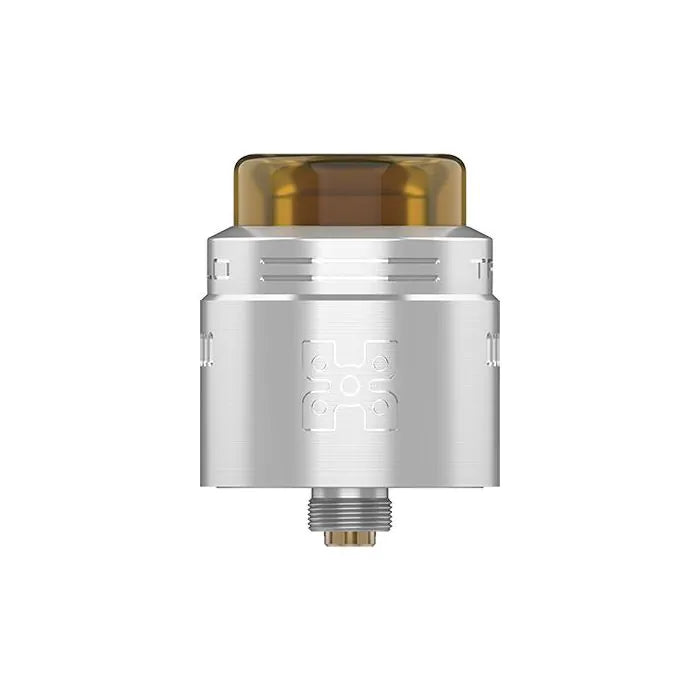 A silver metallic vape tank with a translucent amber-brown top cap and a threaded bottom connection, shown against a plain white background.