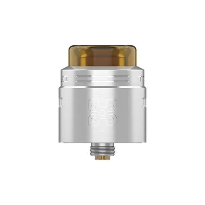 A silver metallic vape tank with a translucent amber-brown top cap and a threaded bottom connection, shown against a plain white background.