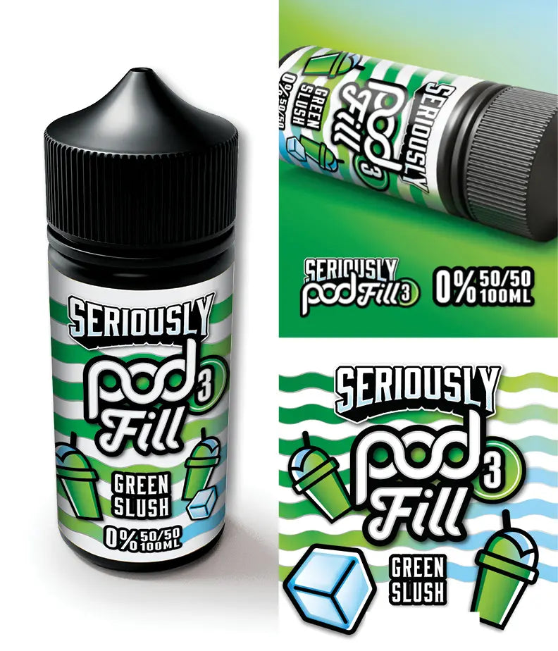 Seriously Pod Fill Green Slush e-liquid bottle and packaging on a white background