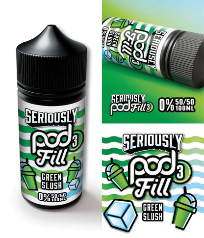 Seriously Pod Fill Green Slush e-liquid bottle and packaging on a white background