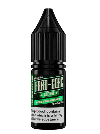 Hard-Core Cider vape juice bottle with black cap and green label on a white background