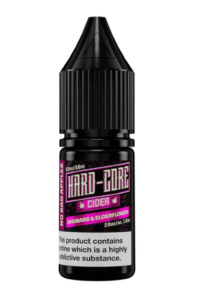 Black bottle of Hard-Core Cider with pink and white label on a white background