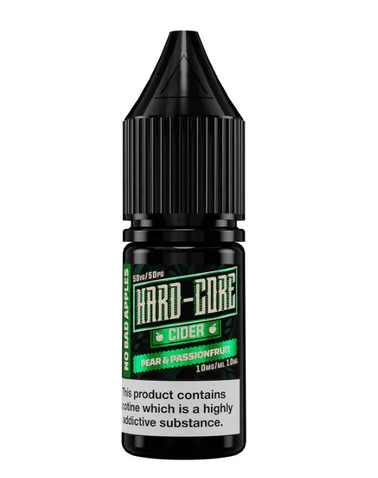 Hard-Core Cider vape juice bottle with black cap and green label on a white background