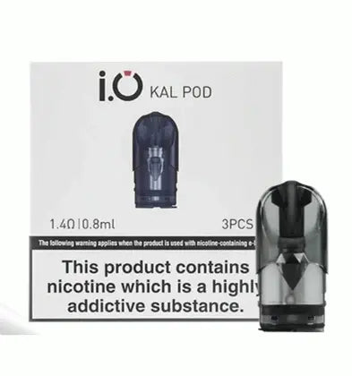 A box of i.o Kal vape pods with a warning label, alongside three individual pods shown in front.