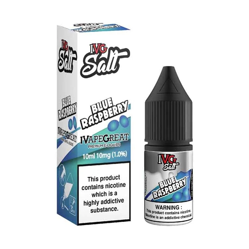 IVG Blue Raspberry Nic Salt e-liquid bottle and packaging on a white background