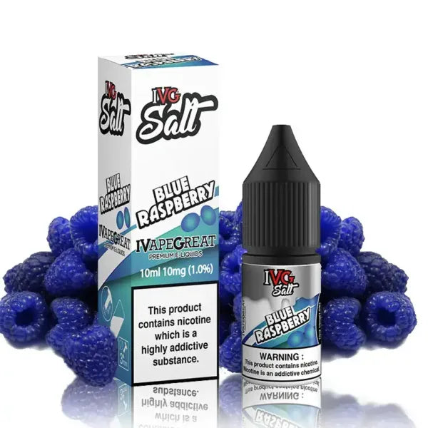 IVG Salt Blue Raspberry vape juice packaging with blueberries on a white background