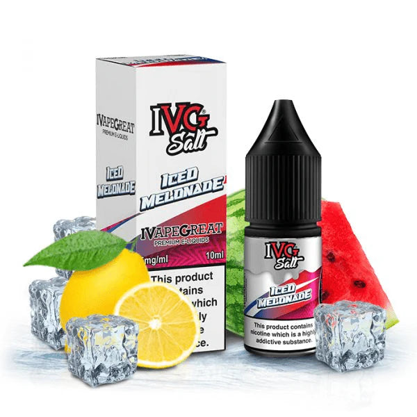 IVG Salt Iced Melonade vape juice with packaging, lemons, ice cubes, and watermelon on a white background
