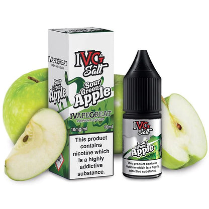 IVG Salt Sour Green Apple vape juice packaging with a sliced green apple on a white background