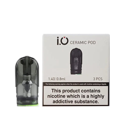 An i.O Ceramic Pod next to its white retail packaging box, featuring a prominent nicotine warning label on the front.