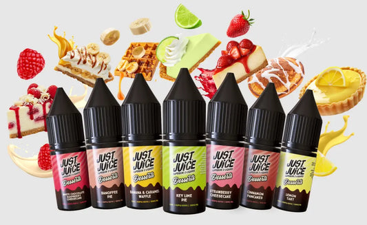 Six bottles of Just Juice e-liquid with colorful labels against a background of desserts and fruits.