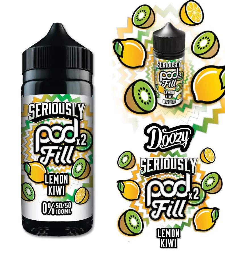 Two bottles of Seriously Pod Fill Lemon Kiwi flavour with colourful graphics on a white background.