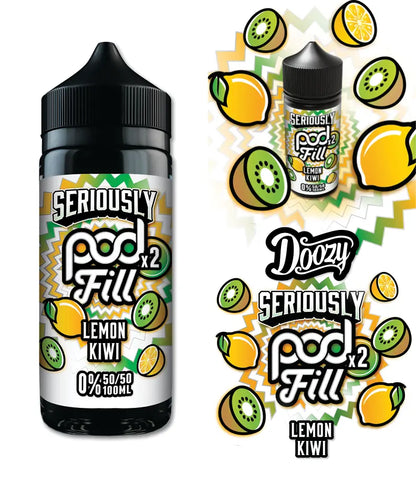 Two bottles of Seriously Pod Fill Lemon Kiwi flavour with colourful graphics on a white background.