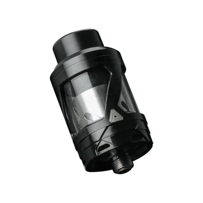 A black tank-style vape device with a clear glass or acrylic display window showing liquid inside, photographed on a plain white background.