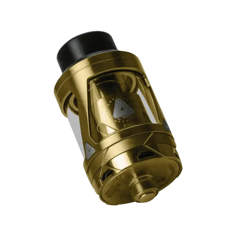 A gold-colored metal vape tank with a clear glass window showing liquid inside, a black mouthpiece, and a threaded bottom connector, isolated on a white background.