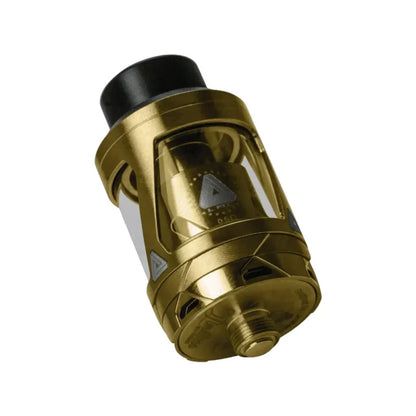 A gold-colored metal vape tank with a clear glass window showing liquid inside, a black mouthpiece, and a threaded bottom connector, isolated on a white background.