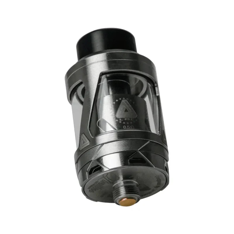 A metallic gray and black vape tank mod with a clear glass chamber and a small brass adjustment screw at the bottom, shown on a plain white background.