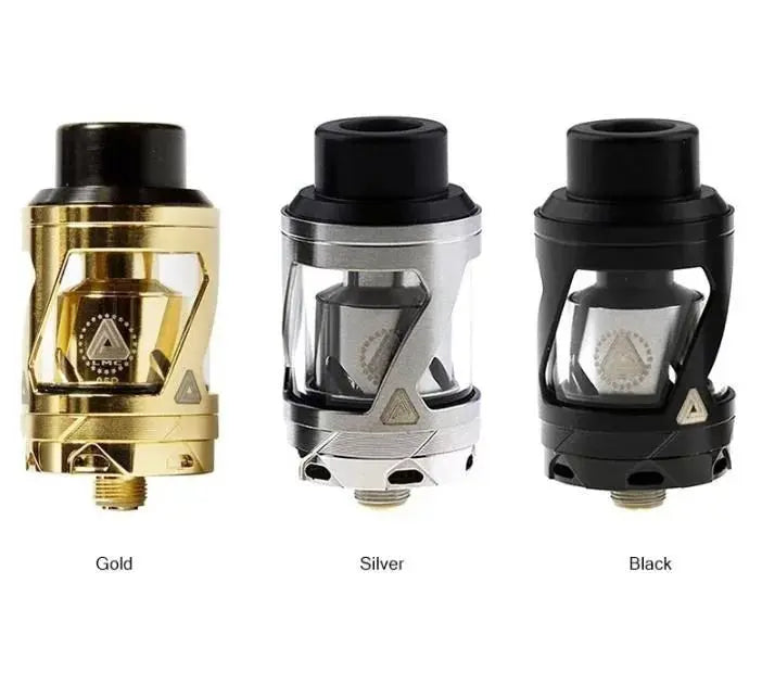 Three Limitless Hextron Sub-Ohm Vape Tanks shown side by side on a white background, labelled Gold, Silver, and Black. Each has a black mouthpiece and a metallic body with clear glass windows.
