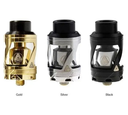 Three Limitless Hextron Sub-Ohm Vape Tanks shown side by side on a white background, labelled Gold, Silver, and Black. Each has a black mouthpiece and a metallic body with clear glass windows.