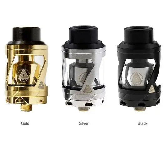 Three Limitless Hextron Sub-Ohm Vape Tanks shown side by side on a white background, labelled Gold, Silver, and Black. Each has a black mouthpiece and a metallic body with clear glass windows.