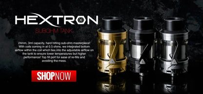 Three HEXTRON Subohm Tank vape devices displayed side-by-side on a reflective black surface against a dark background. The left device is gold and black, while the other two are black and silver.