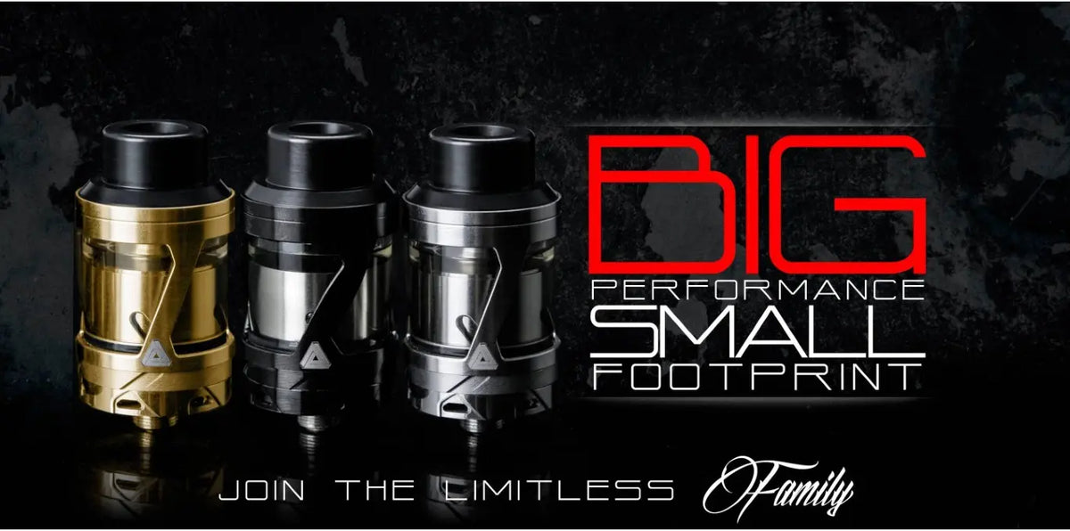 Three vape tanks displayed side-by-side on a dark textured background, featuring gold, black, and silver finishes. To the right, bold red and white text reads 'BIG PERFORMANCE SMALL FOOTPRINT', with 'JOIN THE LIMITLESS Family' written at the bottom.