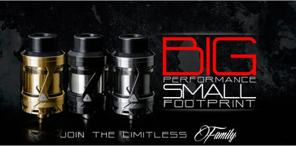 Three vape tanks displayed side-by-side on a dark textured background, featuring gold, black, and silver finishes. To the right, bold red and white text reads 'BIG PERFORMANCE SMALL FOOTPRINT', with 'JOIN THE LIMITLESS Family' written at the bottom.
