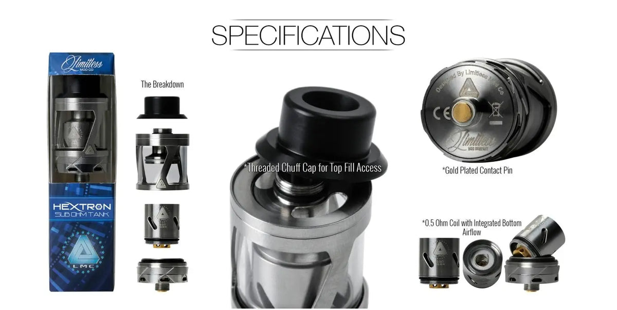 Specifications and feature callouts for a Limitless Hextron Sub-Ohm Vape Tank, showing the retail box, device breakdown views, a top-down view with a filled tank, and close-up detail shots on a white background.