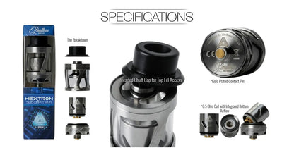 Specifications and feature callouts for a Limitless Hextron Sub-Ohm Vape Tank, showing the retail box, device breakdown views, a top-down view with a filled tank, and close-up detail shots on a white background.