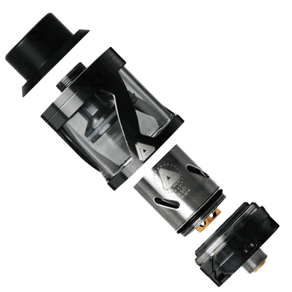 A disassembled Limitless Hextron Sub-Ohm Vape Tank shown on a plain white background, with black plastic parts, a transparent chamber, and a metallic silver coil section.