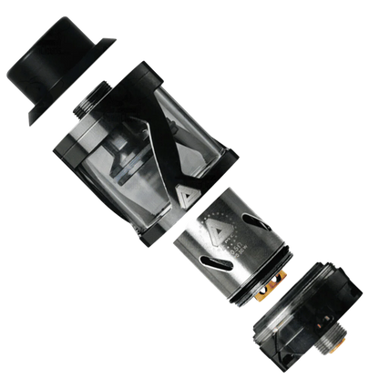 A disassembled Limitless Hextron Sub-Ohm Vape Tank shown on a plain white background, with black plastic parts, a transparent chamber, and a metallic silver coil section.