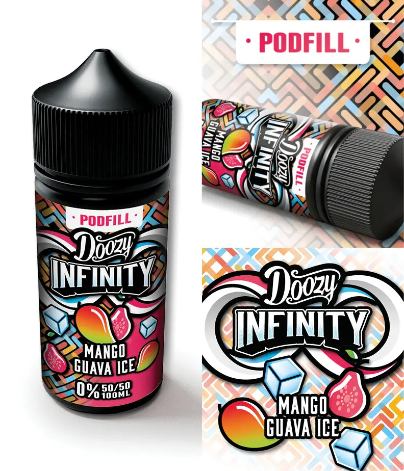 Doozy Infinity Mango Guava Ice vape juice bottle with colourful label and 'Podfill' branding.