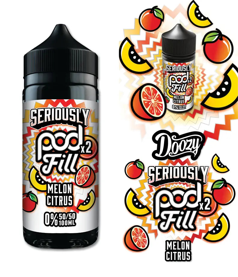 Two bottles of Seriously Pod Fill e-liquid with colourful graphics on a white background