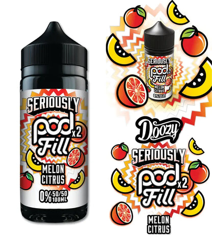 Two bottles of Seriously Pod Fill e-liquid with colourful graphics on a white background