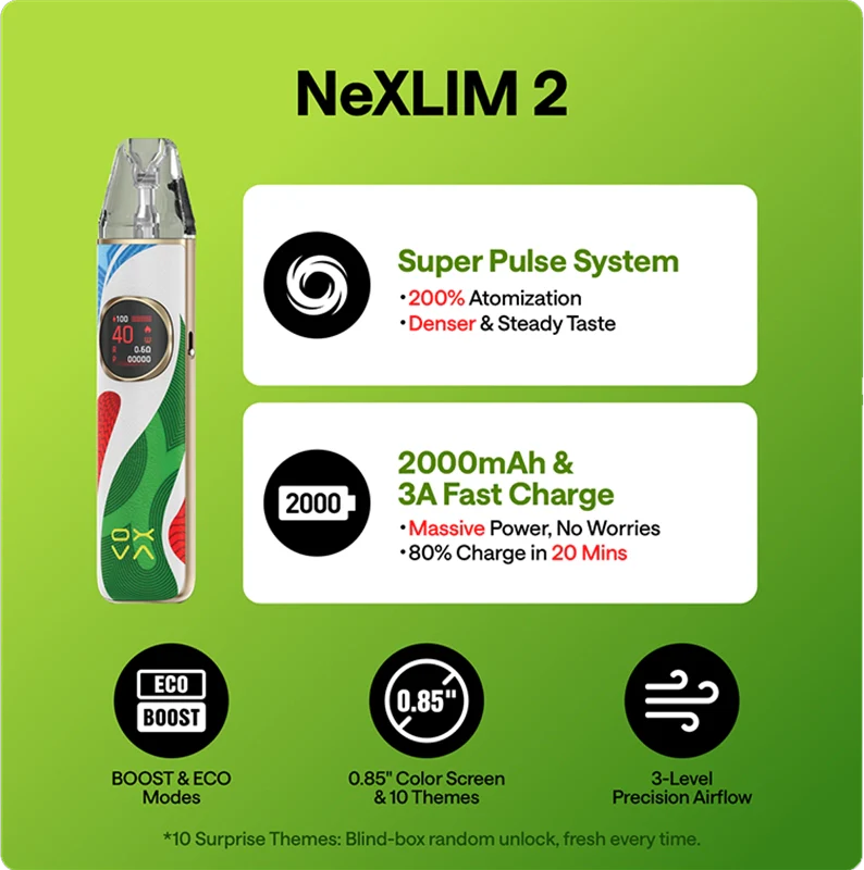 Oxva Nexlim 2 Pod Vape Kit shown on a bright green promotional graphic with feature callouts including Super Pulse System, 2000mAh fast charge, ECO BOOST, 0.85" colour screen, and 3-level precision airflow.
